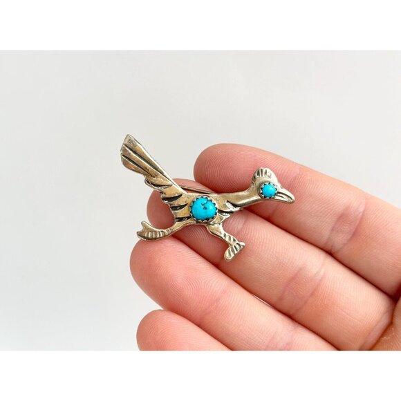 Navajo Road Runner Sterling Silver Morenci Turquoise Southwest Vintage Brooch - Picture 4 of 10